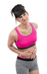 年轻美女肚子痛孤立在白色上图片素材