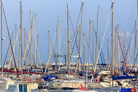 西班牙阿利坎特的岛2019年6月5日许多帆船在港口一起登图片