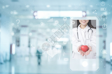 女医生正在网上对智能手机进行诊断并配有医疗分析图标技术概念图片