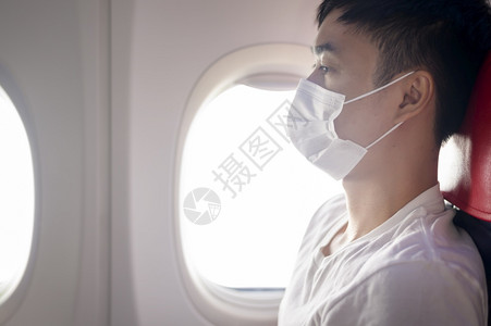 坐在飞机上旅行者在飞机上佩戴着口罩背景