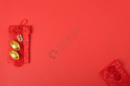 新年概念平坦的景象红包与金币新年快乐CharacterFU代表财富祝福图片