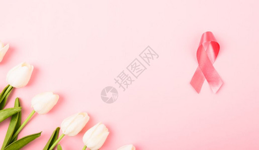 乳癌月概念平面顶楼粉红丝带和图利普花粉红背景复制文本空间图片