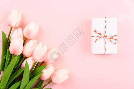 女节快乐母亲概念顶端视窗平板礼品盒和粉红背景的郁金花复制文本空间图片