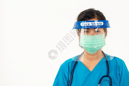 穿戴面罩保护和塑料的近身女医务人员护士以隔离白种的新冠COVID19爆发检疫图片