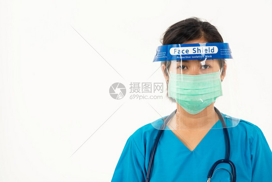 穿戴面罩保护和塑料的近身女医务人员护士以隔离白种的新冠COVID19爆发检疫图片
