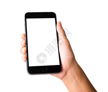 女手握智能机空白屏幕女手持现代机制工作室拍摄的手机在白色背景上被隔离电话和屏幕上有剪面罩路径图片