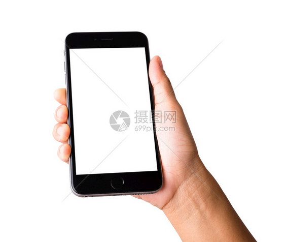 女手握智能机空白屏幕女手持现代机制工作室拍摄的手机在白色背景上被隔离电话和屏幕上有剪面罩路径图片