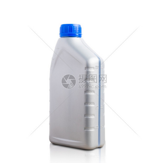灰塑料可制造润滑油瓶1升蓝色盖用于在白背景和剪切路径上隔绝的机器发动图片