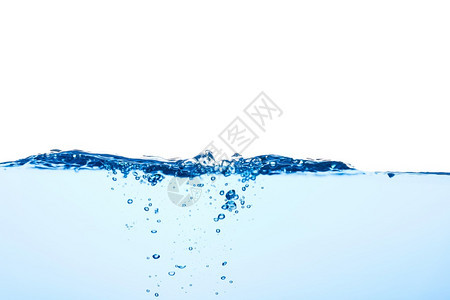 浅蓝色水浪有气泡和一点水下喷溅制片厂拍摄以白色背景隔离背景图片
