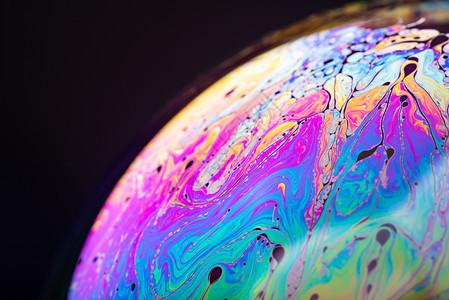 黑暗背景的彩虹肥皂泡香色表面的接近从反映光线的肥皂泡沫中总结的背景图片