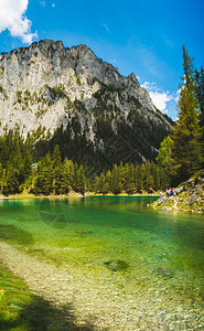 阿尔卑斯山湖景观称为绿GrunerSee访问旅游目的地方奥利施蒂里亚的Sunny夏季日奥地利施蒂里亚的绿湖景观奥地利施蒂里亚的G图片