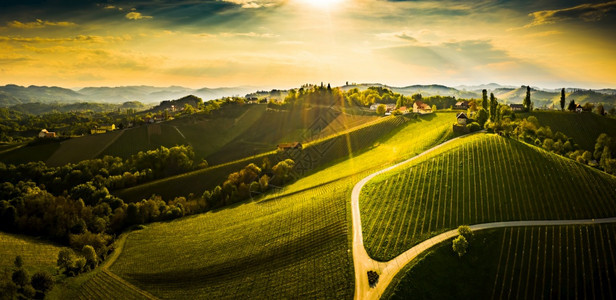 南施蒂里亚葡萄园是航空全景观靠近奥地利的加姆茨欧洲的埃克伯格春季葡萄园从酒路看山旅游目的地行点南施蒂里亚葡萄园在空中全景观春季葡图片