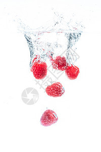 草莓落到水晶清澈的中白底土被孤立图片