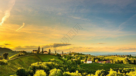 KitzeckimSaussal旅游目的地KitzeckSaussal日落期间在奥地利农村区葡萄园的秋色全景图片