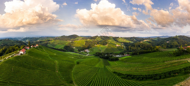 南Styria葡萄园是航空全景观靠近奥地利加姆茨欧洲埃克伯格春季葡萄酒路的山旅游目的地点南Styria葡萄园是航空全景观春季葡萄图片