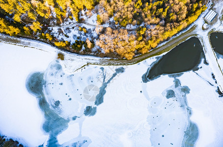 在奥地利森林的冰冻湖上空飞行冬季中摄影图片