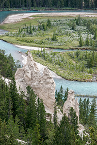 207年8月日加拿大艾伯塔省洛基山脉Banff附近的BowRiver和Hoodoos图片