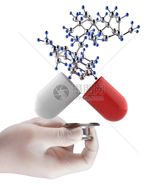 将胶囊药丸和分子作为医学概念的立体显像器图片