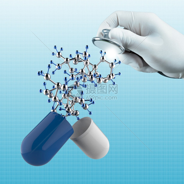将胶囊药丸和分子作为医学概念的立体显像器图片