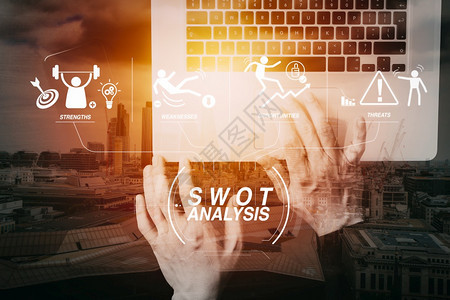 SWOT分析虚拟图显示公司的力量弱点威胁和机会网络安全互联和络概念与VR屏幕挂锁图标移动电话合作的商人手图片