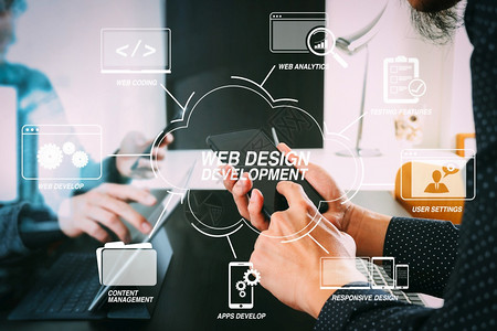 利用虚拟图表co工作组会议概念现代办公室使用智能电话和数字平板脑膝上型的商人虚拟图co工作组会议概念开发与网站设计虚拟图co工作图片