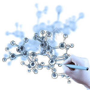 医生用手在实验室中画虚拟分子结构作为医学概念图片
