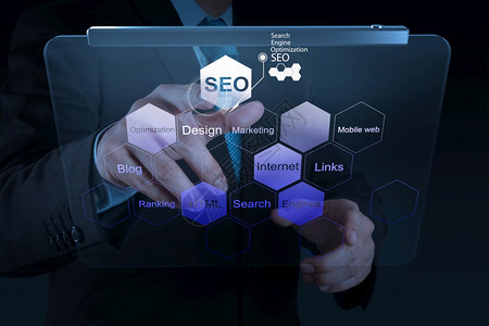 显示搜索引擎优化SEO概念的商人手图片