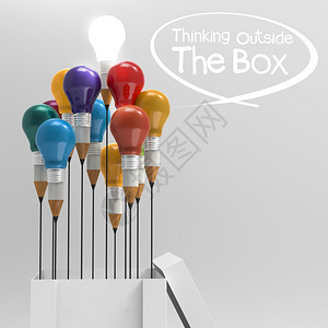 概念在盒子外思考时设计出绘制铅笔和灯泡的想法图片