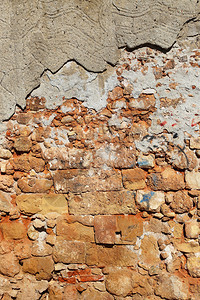 非常古老的被摧毁砖墙有混凝土紧闭的纹理图片