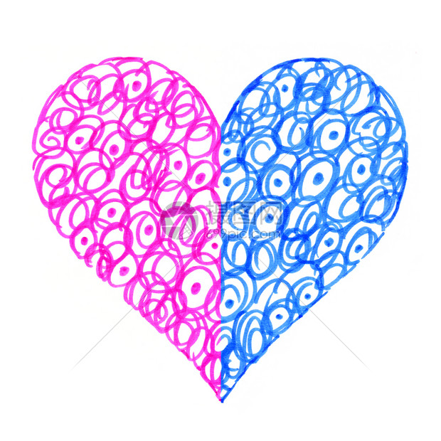 白色背景上带有抽象粉红和蓝色图案的装饰心脏一个的两半彩色图片