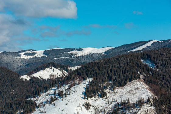 上午冬天的雪覆盖了风景和山脊乌克兰喀尔巴阡山Dzembronya村郊区山的宁静和平景点图片