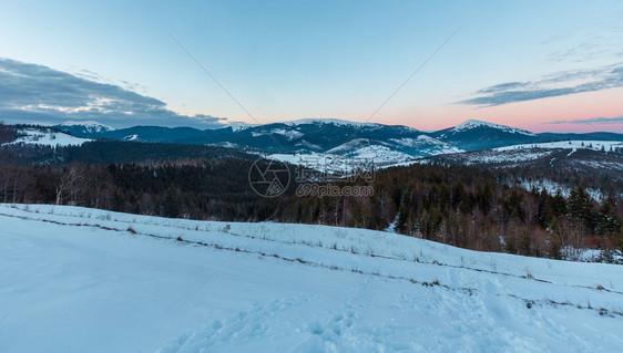 寒冬冷的白昼雪覆盖了阿尔卑斯山脊乌克兰喀尔巴阡山霍米亚克希尼和其他峰Yablunytsia山口的风景图片