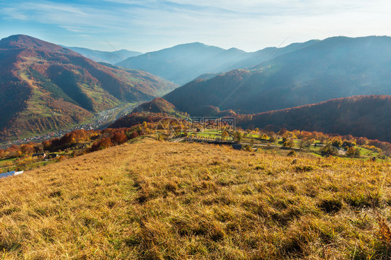 秋天喀尔巴阡山脉风景坡和拉希夫镇以及远处的Tysa河上有多色黄红褐树从拉希夫山口看乌克兰Transcarpathia图片