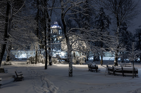 利沃夫市乌克兰中心美丽的冬季夜间公园有雪覆盖的树木和长椅远在圣乔治大教堂人们无法辨认图片
