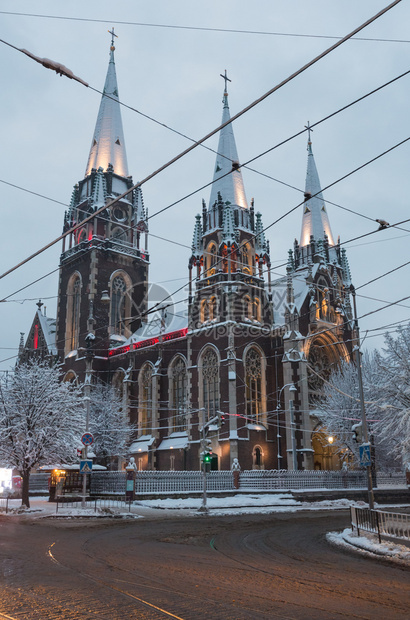 乌克兰利沃夫圣奥尔哈和伊丽莎白冬季教堂清晨亮丽1903年建造图片
