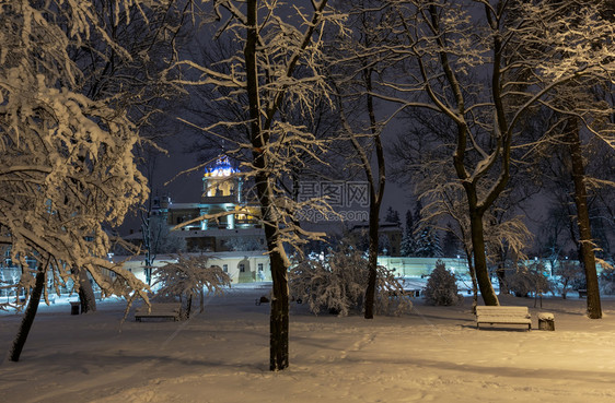 利沃夫市乌克兰中心有美丽的冬季夜间公园有雪覆盖的树木和长椅远处是圣乔治教堂图片