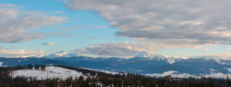 黄昏的冬季云天雪覆盖了阿尔普山脊乌克兰喀尔巴阡山科霍诺拉脉霍维拉彼得罗斯和其他山峰雅布卢尼西亚山口的风景图片