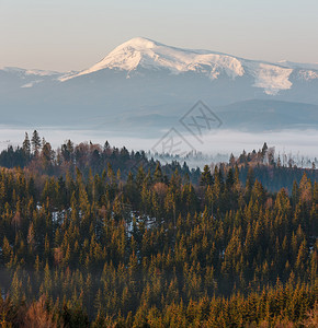 喀尔巴阡山高原地貌乌克兰远处有雪覆盖的山脊顶峰图片