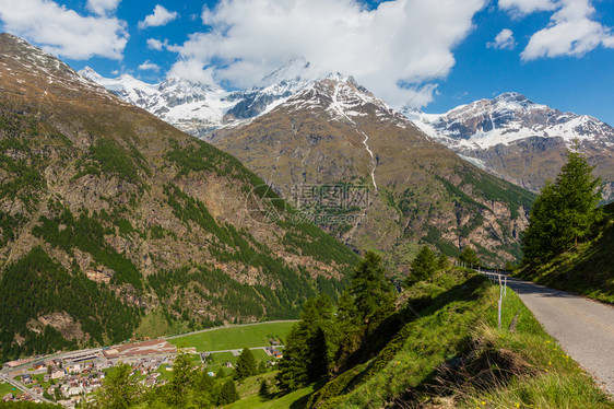 SummerAlps山脉地貌坡上有森林雪覆盖了远在瑞士的岩石顶部图片