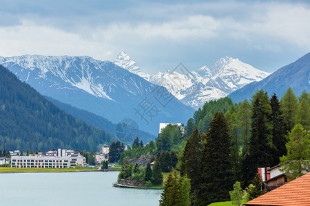 夏月风景达沃斯湖市郊和山丘远处有雪瑞士图片