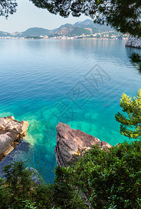 清晨美丽的海岸线风景绿水面和石灰岸黑山布德瓦图片