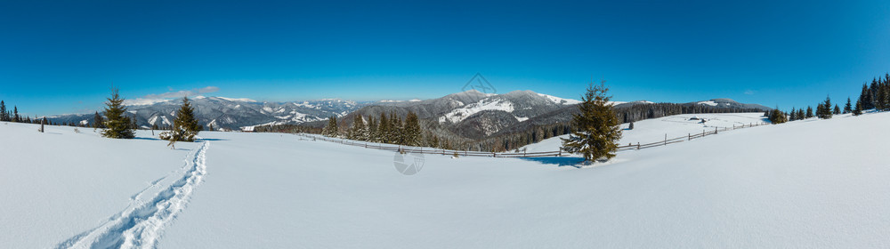 照片来自阿尔卑斯山路高足迹的冬季晨全景图片