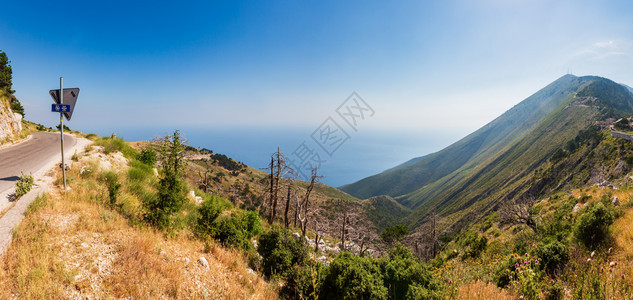 山坡和海水表面带干树和的夏季Llogara过道阿尔巴尼亚图片