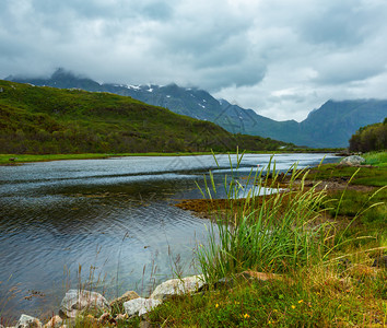 Lofotenfjord和山丘夏季多云的风景挪威图片