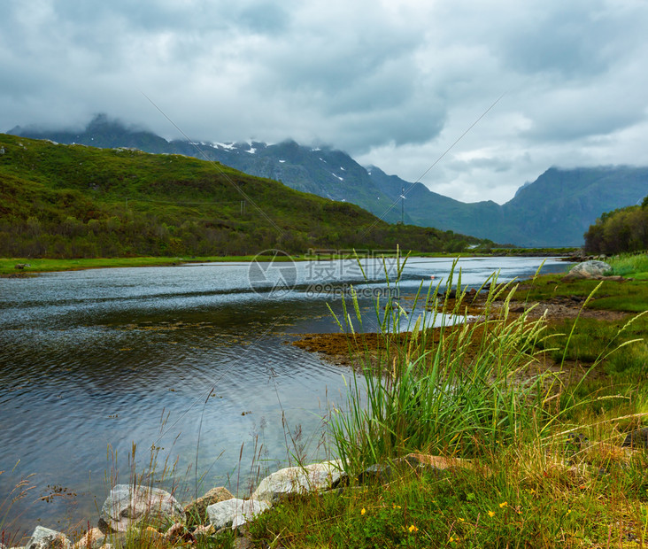 Lofotenfjord和山丘夏季多云的风景挪威图片