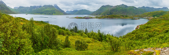 Lofotenfjord和山丘夏季多云的风景挪威全图片