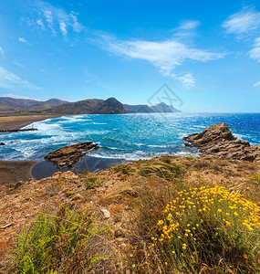 前面是夏季沙滩和黄花地中海岸景观波曼湾科斯塔布兰卡西班牙图片