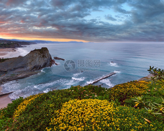 春夕海岩色岸景观前面有小沙滩和黄花西班牙阿尼亚海滩西班牙大洋图片