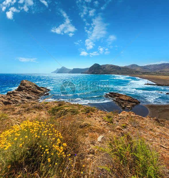 前面是夏季沙滩和黄花地中海岸景观波曼湾科斯塔布兰卡西班牙图片