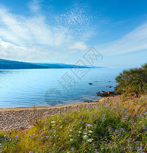 早上好沙卡斯特里海滩夏季风景尼基蒂锡托亚哈尔基迪希腊图片